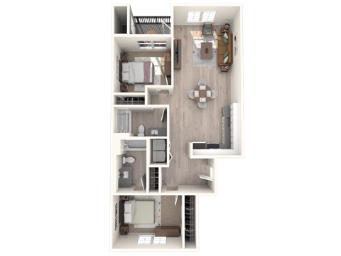 Floor plan for 2 beds, 2 baths, 1036 sqft